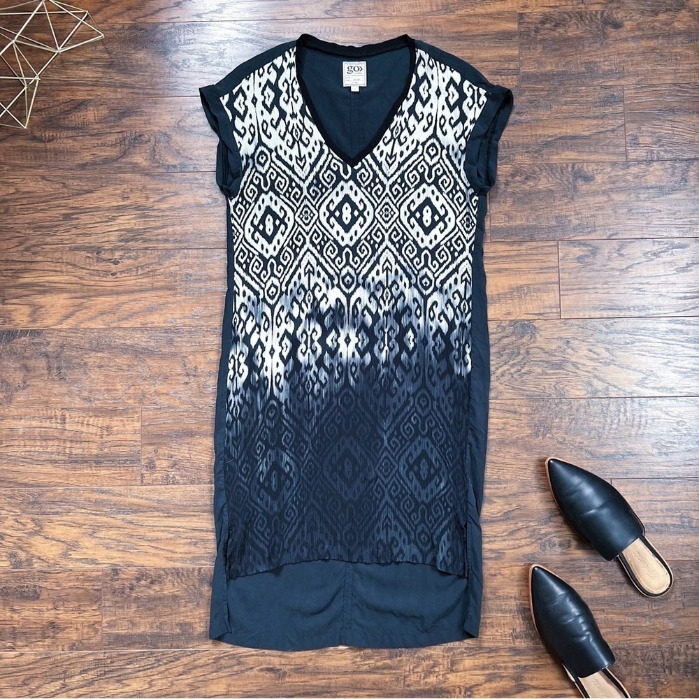 Go by GoSilk • Mixed Media Dress washable silk shift midi black white ombre ikat